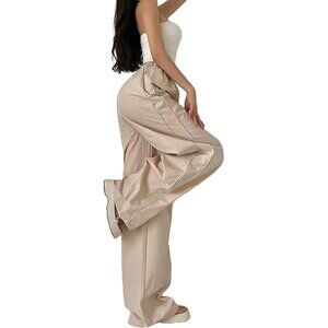 Womens Baggy Y2K Parachute Beige Pants High Waisted Lightweight Streetwear